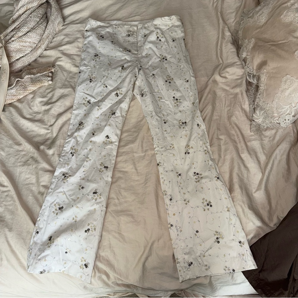 Floral Beaded White Flared Pants